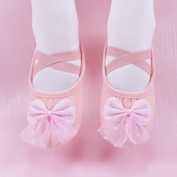LEKWK Girls Glitter Ballet Shoes Cute Bow Tulle Cross Elastic Strap Dance Shoes Toddler Soft Flat Ballet Slippers Training Gymnastics Stage Dance Footwear