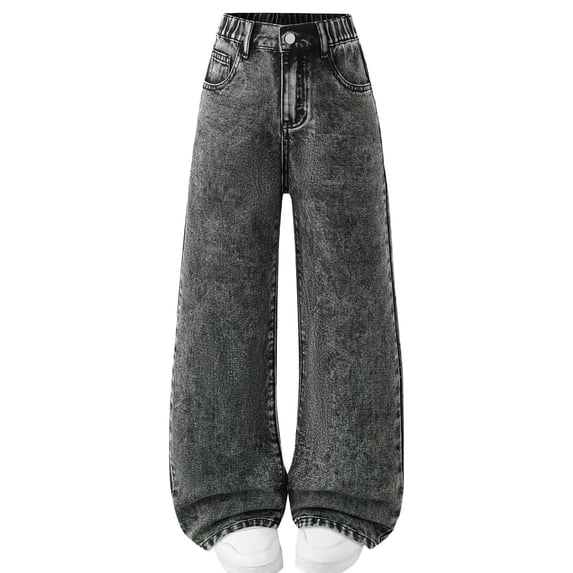 LEKWK Girls Jeans Wide Leg Baggy Black Denim Pants Elastic Waist Relaxed Fit Washed Dark Denim Trousers School Uniform Loose Long Denim Trousers