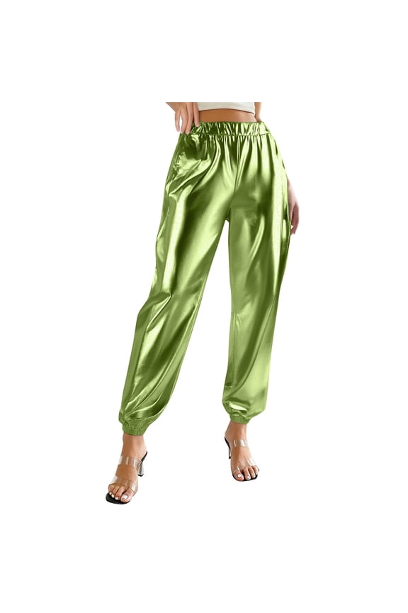 Girls Joggers Metallic Shiny Satin Jogger Pants Elastic Waist Tapered Leg Performance Dance Comfortable Casual Professional Dance Trousers