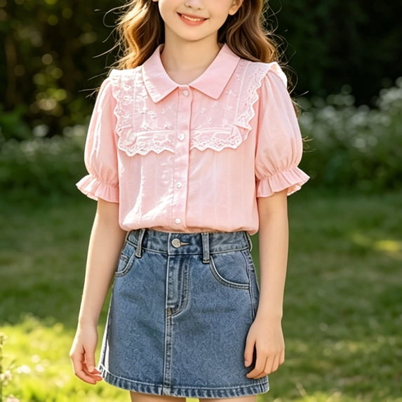 LEKWK Girls Lace Button Down Shirts Ruffle Peter Pan Collar Cute Shirts Short Puff Sleeve School Uniform Tops Fashion Casual Back to School Outfits