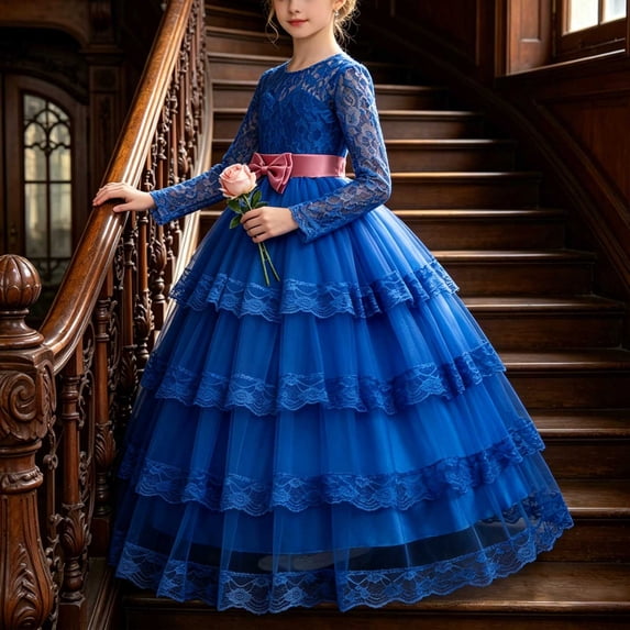 LEKWK Girls Lace Tiered Tulle Princess Gown Long Sleeve Satin Bow Waist Layered Formal Dress Wedding Flower Girl Dress for Birthday Party Stage Performance