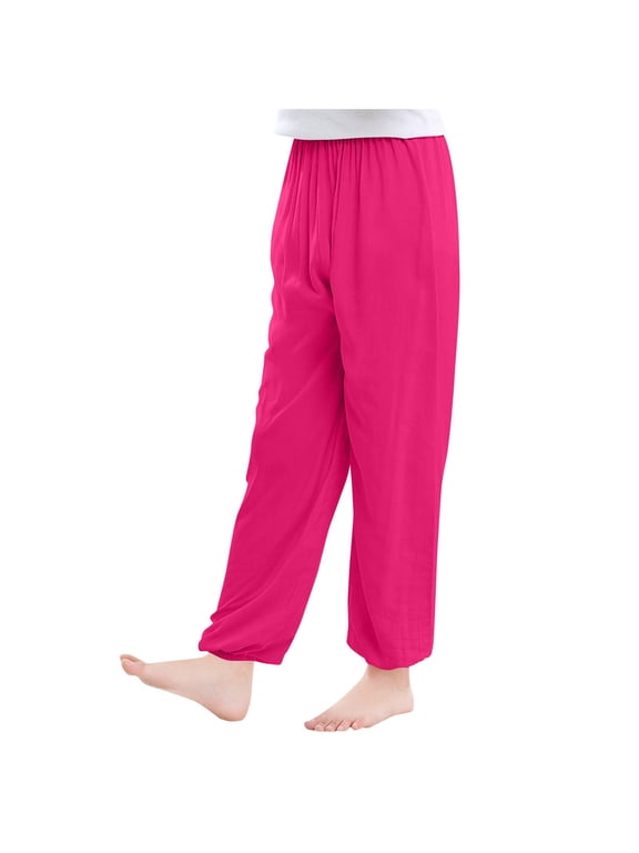 Girls Loose Pants Solid Color Harem Trousers Elastic Waist Bloomers Soft Breathable Pajama Bottoms Casual Home Sleep Yoga Dance Outfits