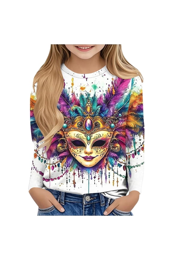 Girls Mardi Gras T-Shirts Mask Pattern Crew Neck Tops Long Sleeve Festival Graphic Tees Novelty Carnival Party Parade Outfits