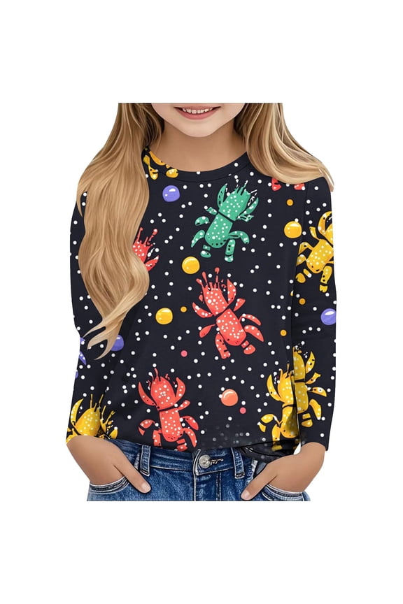 Girls Mardi Gras Tops Confetti Print Crew Neck T-Shirts Long Sleeve Streamer Graphic Tees Festival Carnival Parade Party Wear