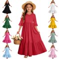 thumbnail image 1 of LEKWK Girls Maxi Dress Short Sleeve Ruffled Tiered Dresses Kids Loose Flowy Long Sundress with Pockets Casual Summer Beach Vacation Outfit 4-14Y, 1 of 7