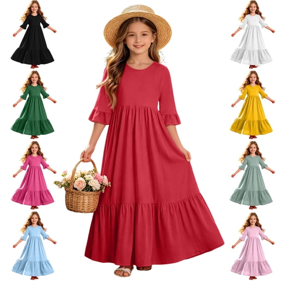 LEKWK Girls Maxi Dress Short Sleeve Ruffled Tiered Dresses Kids Loose Flowy Long Sundress with Pockets Casual Summer Beach Vacation Outfit 4-14Y
