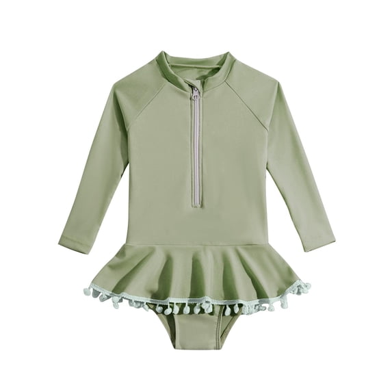LEKWK Girls One Piece Swimsuits Long Sleeve Zipper Ruffle Tassel Swimsuit Quick Dry UPF 50+ Rash Guard Swimwear Summer Beach Pool Bathing Suit for 1-6 Years