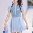thumbnail image 1 of LEKWK Girls One Piece Swimsuits Skirted Color Block Quick Dry Cute Swim Dress Short Sleeve Zipper Rash Guard Bathing Suit Summer Beachwearr for 7-14 Years, 1 of 7