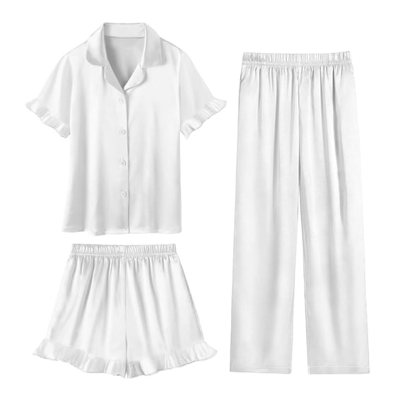 LEKWK Girls Pajamas 3 Piece Set Teen Satin Soft Ruffle Sleepwear Short Sleeve Button Down Tops with Shorts and Pants Summer Home Loungewear 5-14Y