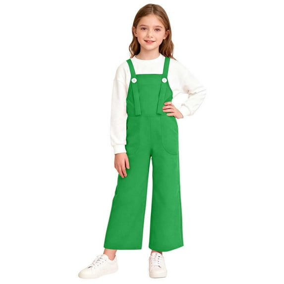 LEKWK Girls Pants Overalls Jumpsuit Wide Leg Bib Trousers Adjustable Straps Soft Cotton Big Pockets Preppy Back to School Play Spring Fall Wear