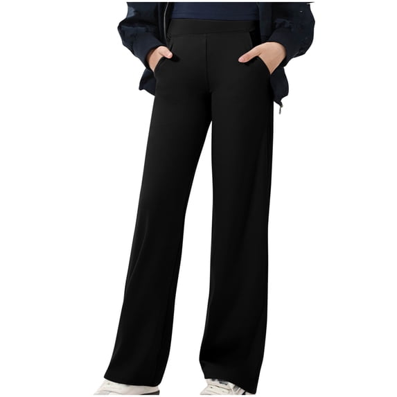 LEKWK Girls Pants Straight Leg Casual Trousers Elastic Waist Uniform Bottoms Soft Breathable Pockets Preppy Back to School formal Daily Lounge Wear