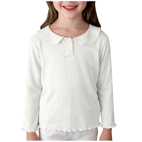 LEKWK Girls Peter Pan Collar Shirt Solid Crew Neck Tops Long Sleeve Ribbed Knit Tees Preppy Style Basic Back to School Playwear