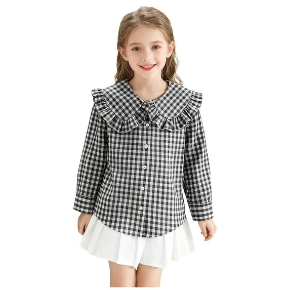 LEKWK Girls Plaid Shirt Checkered Print Ruffle Collar Tops Long Sleeve Button Down Blouse Preppy Style Back to School Holiday Outfits