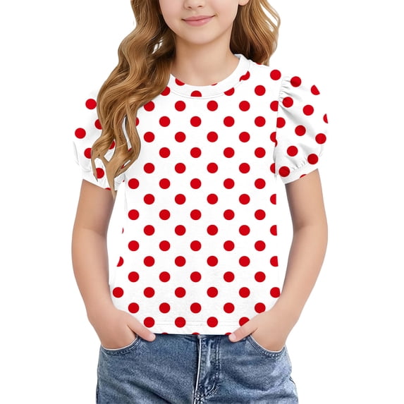 LEKWK Girls Polka Dot T-Shirt Short Sleeve Crewneck Soft Shirt Kids Breathable Cotton Loose Casual Summer Tops Vacation Party Resort Wear 4-15Y