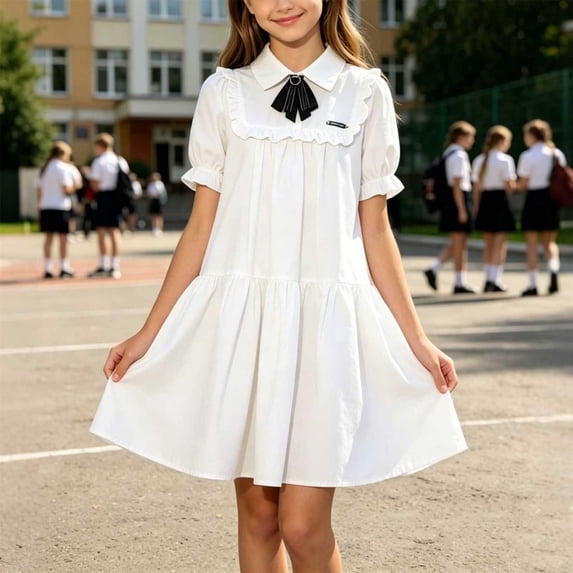 LEKWK Girls Preppy School Uniform Dress Short Sleeve Collared White Shirt Dress Ruffle Trim Casual Junior Dresses Summer Back to School Daily Party Outfits