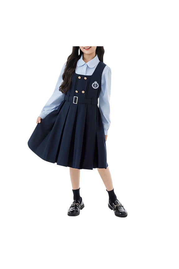Girls Preppy School Uniform Set Long Sleeve Button Shirt and Pleated Pinafore Dress with Belt Academy Style formal Party Outfit Set