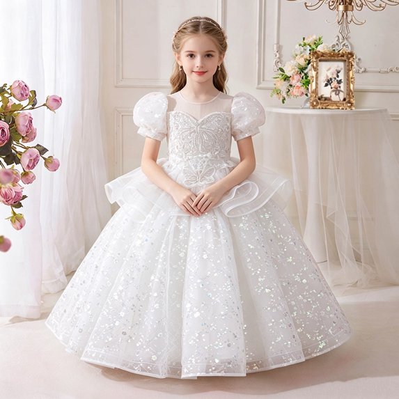 LEKWK Girls Princess Dress Sequin Puff Short Sleeve Sheer Mesh Tiered Pageant Gown Embroidery Ruffle Cute Dress for Flower Girl Wedding Birthday Party 3-14Y