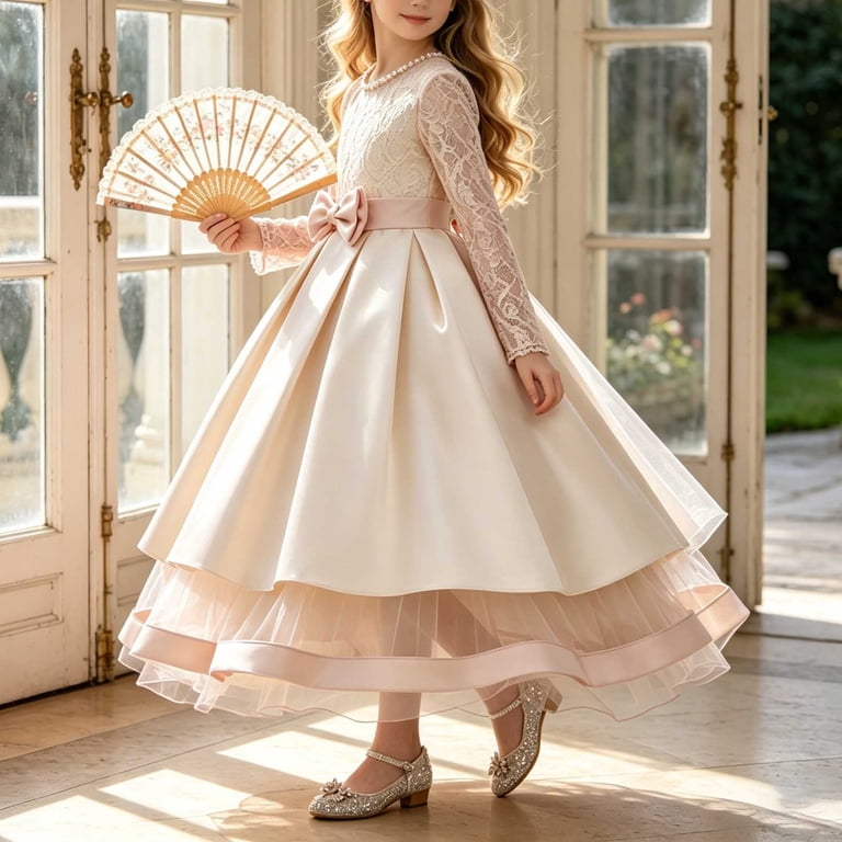 Lekwk Girls Princess Gown Long Sleeve Lace Satin Formal Midi Dress Bow Waist Tiered Tulle Wedding Flower Girl Dress for Pageant Host Recital Birthday