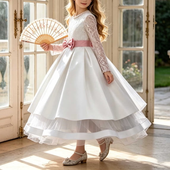 LEKWK Girls Princess Gown Long Sleeve Lace Satin Formal Midi Dress Bow Waist Tiered Tulle Wedding Flower Girl Dress for Pageant Host Recital Birthday Party