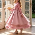 thumbnail image 1 of LEKWK Girls Princess Gown Long Sleeve Lace Satin Formal Midi Dress Bow Waist Tiered Tulle Wedding Flower Girl Dress for Pageant Host Recital Birthday Party, 1 of 8