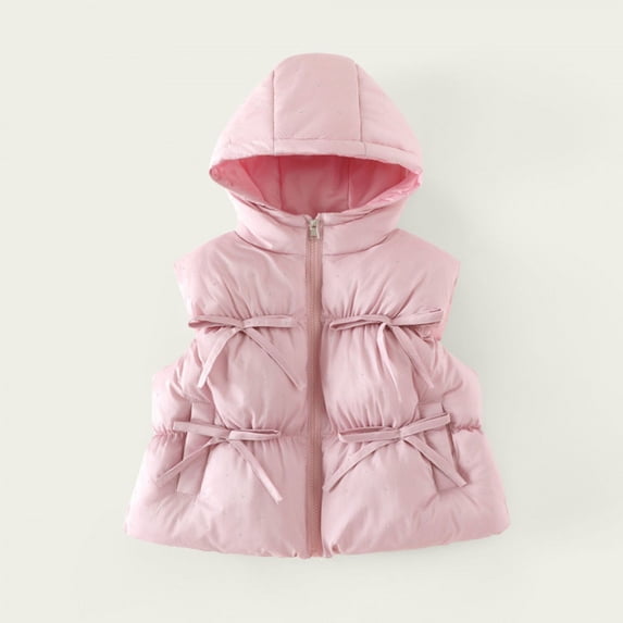 LEKWK Girls Puffer Vest Hooded Zip up Cute Sleeveless Jacket Lightweight Warm Fall Winter Quilted Outerwear with Bowknot Details Pink 6 Years