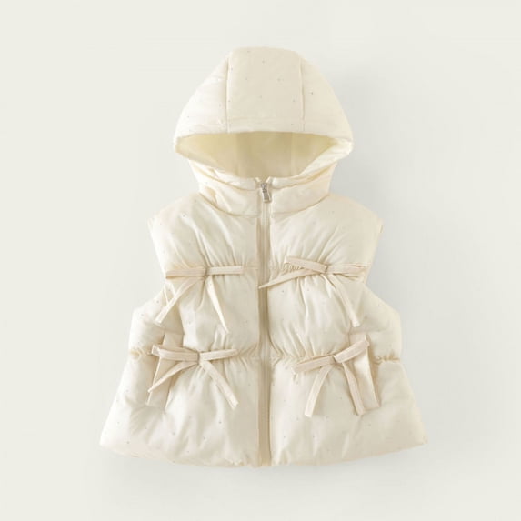 LEKWK Girls Puffer Vest Hooded Zip up Cute Sleeveless Jacket Lightweight Warm Fall Winter Quilted Outerwear with Bowknot Details White 6 Years