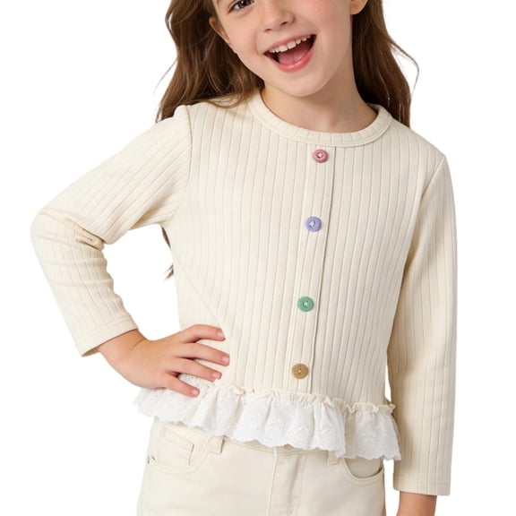 LEKWK Girls Ribbed Knit Cardigan Long Sleeve Button Down Ruffle Hem Sweater Soft Cotton School Uniform Preppy Style Coat