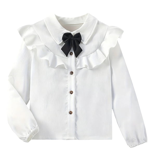 LEKWK Girls Ruffle Blouse Bow Tie Neck Button Down Tops Long Sleeve Solid Dress Shirts Preppy Big Collar Back to School Outfits