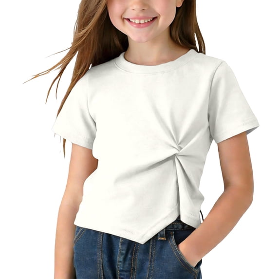 LEKWK Girls Short Sleeve T-Shirt Crew Neck Twisted Knot Side Hem Solid Color Tee Soft Cotton Casual Back to School Summer Blouse
