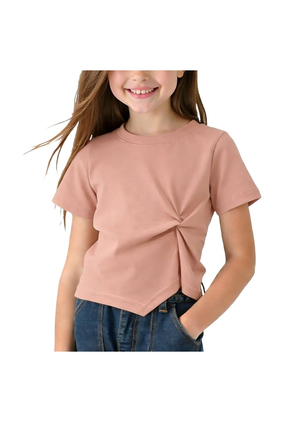 Girls Short Sleeve T-Shirt Crew Neck Twisted Knot Side Hem Solid Color Tee Soft Cotton Casual Back to School Summer Blouse