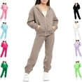 thumbnail image 1 of LEKWK Girls Solid Color 2-Piece Sweatsuit Full Zip Hooded Sweatshirt and Joggers Tracksuit Set for Big Kid Active Sports School Wear Breathable Fabric, 1 of 5