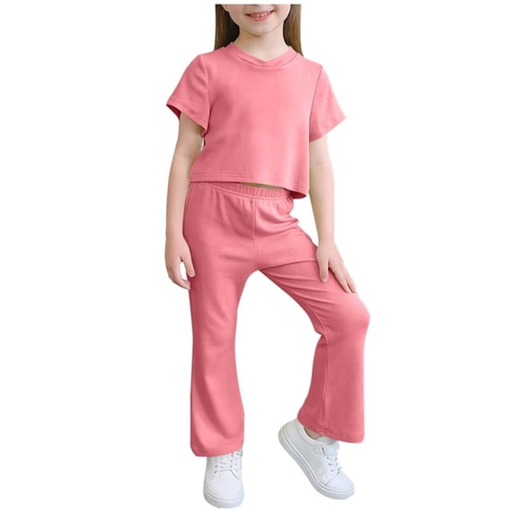 LEKWK Girls Solid Color Outfit Set Short Sleeve Crew Neck Crop Top Flare Leggings Stretchy Soft Fabric Summer Daily Casual Loungewear