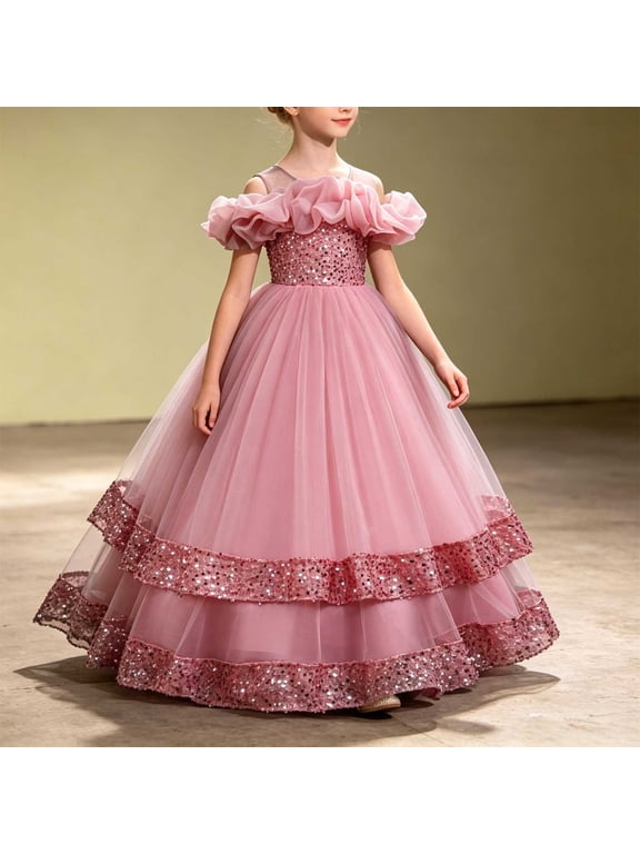 Girls Sparkly Princess Dress Sequin Ruffles Sleeve Tulle Ball Gown Off Shoulder Tiered Pageant Dresses for Birthday Party Stage Performance Costume