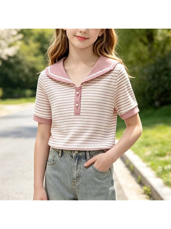 Girls Striped Shirt Short Sleeve Sailor Collar T-Shirt Kids Lightweight Stretch Comfy Summer Tops Fashion Vacation Back to School Outfits 5-13Y