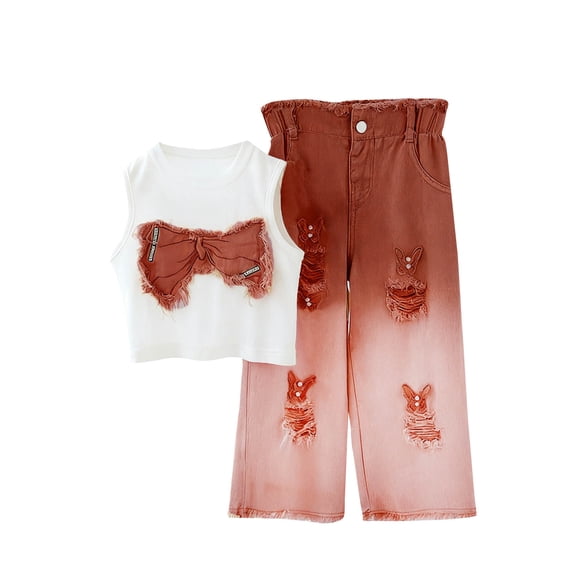 LEKWK Girls Summer Fashion Set Sleeveless Tank Top Bow Graphic Ripped Gradient Wide Leg Denim Pants Trendy Streetwear Holiday Outfit