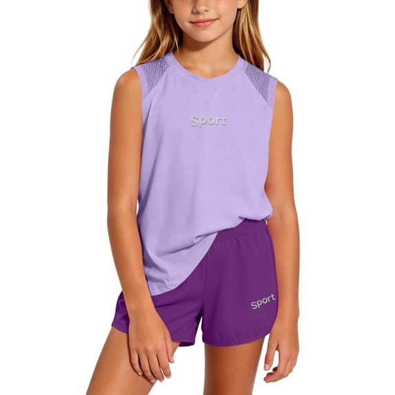 LEKWK Girls Summer Workout Set Kid Breathable Quick Dry Mesh Tracksuit Sleeveless Crewneck Tank Tops and Running Shorts Athletic Casual Gym Playwear