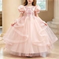 thumbnail image 1 of LEKWK Girls Tulle Ball Gown Puff Sleeve Ruffled Ribbon Formal Princess Dress with Lace Embroidery Prom Gown Wedding Flower Girl Dress for Birthday Party, 1 of 6