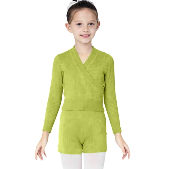 LEKWK Girls Wrap Top V Neck Long Sleeve Knit Sweater Soft Ribbed Cardigan Ballet Dance Gymnastics Warm Up Wear