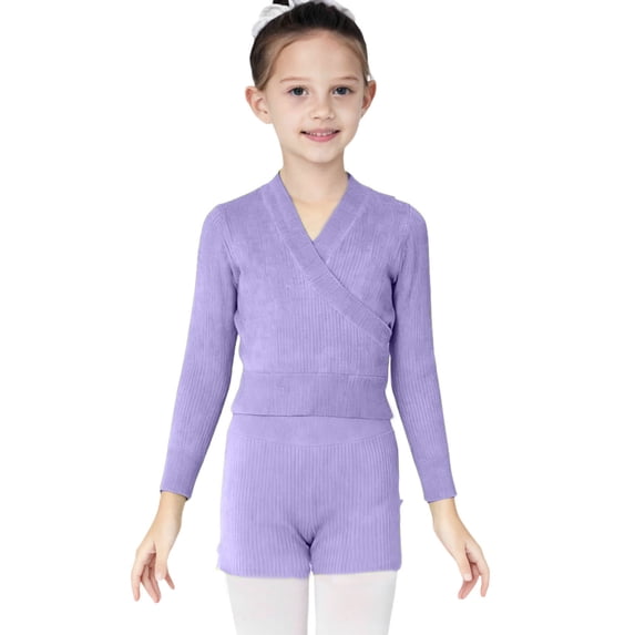LEKWK Girls Wrap Top V Neck Long Sleeve Knit Sweater Soft Ribbed Cardigan Ballet Dance Gymnastics Warm Up Wear