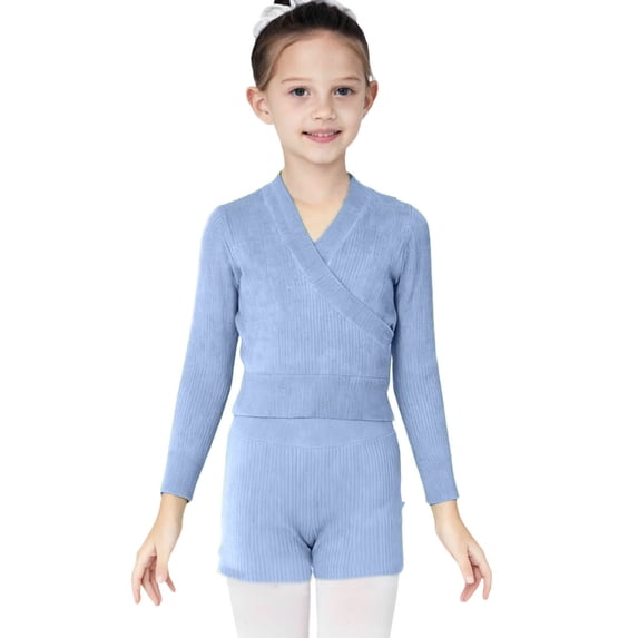 LEKWK Girls Wrap Top V Neck Long Sleeve Knit Sweater Soft Ribbed Cardigan Ballet Dance Gymnastics Warm Up Wear