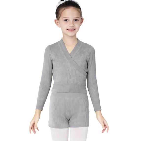 LEKWK Girls Wrap Top V Neck Long Sleeve Knit Sweater Soft Ribbed Cardigan Ballet Dance Gymnastics Warm Up Wear
