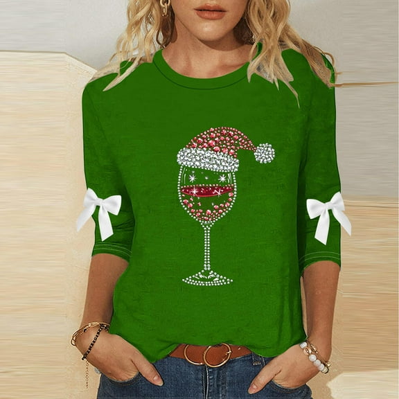 LEKWK Glitter Shirts for Women Xmas Win Glass Crew Neck 3/4 Sleeve Tops Green Christmas Shirt Women Funny Christmas Movie Shirts for Women