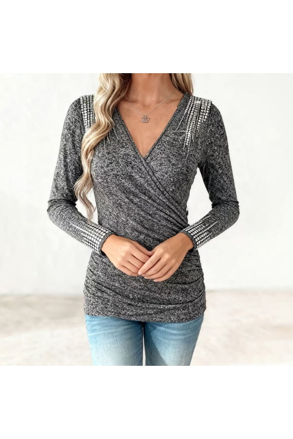 Going Out Tops for Women Slim Fit Long Sleeve Tops Deep V Neck Dressy Tops Night Out Rhinestone Sparkle Wrap Front Ruched Party Blouse