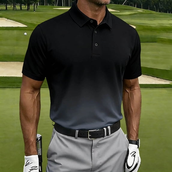 LEKWK Golf Gradient Shirts for Men Short Sleeve Collared Slim Fit Tees Breathable Fabric Button Placket Athletic Tees Work Office Tops Black XL