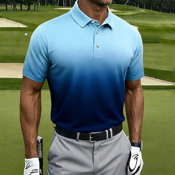 LEKWK Golf Gradient Shirts for Men Short Sleeve Collared Slim Fit Tees Breathable Fabric Button Placket Athletic Tees Work Office Tops Blue XXXL
