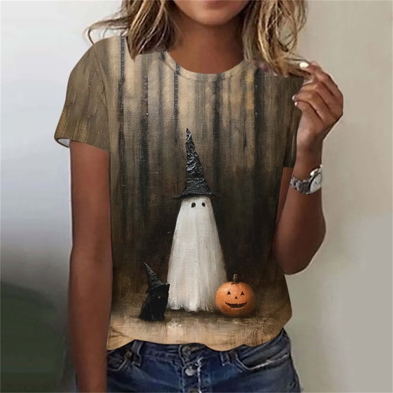 LEKWK Graphic Tees for Women Plus Size Short Sleeve Crew Neck Funny Tops Cute Graphic Printed Lightweight Loose Halloween Shirts,Size S-4XL