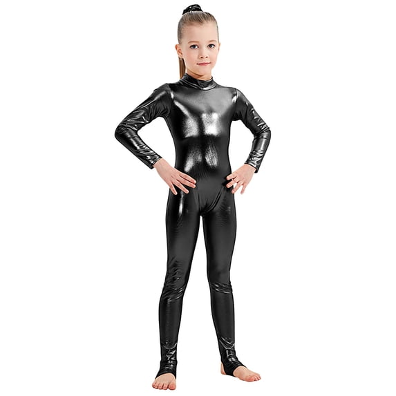 LEKWK Gymnastics Clothes for Girls Metallic Shiny Unitard Long Sleeve Jumpsuit Soft Stretchy Bodysuit Ballet Dance Yoga Performance Outfits