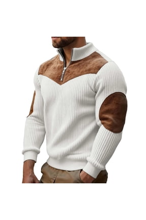Half Zip Pullover Men Slim Fit Ribbed Knit Winter Hoodies Warm Suede Patchwork Sweatshirts Soft Elbow Patch Stand Collar Business Casual Office