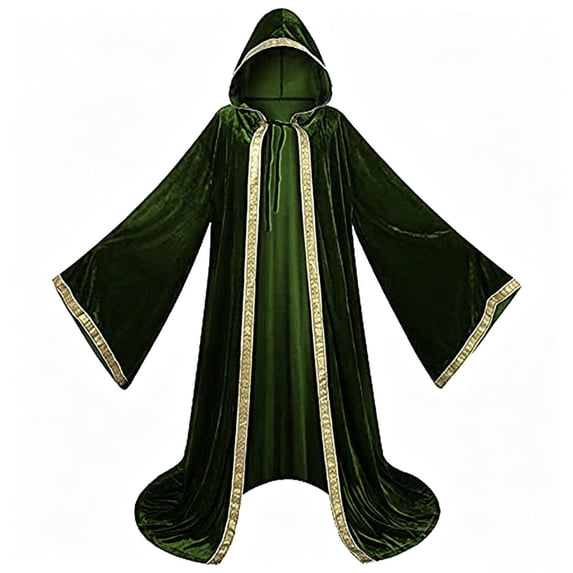 LEKWK Halloween Cloak Unisex Velvet Wizard Hooded Robe Gold Trim Medieval Cape Renaissance Cosplay Costume for Stage Performance Theme Party