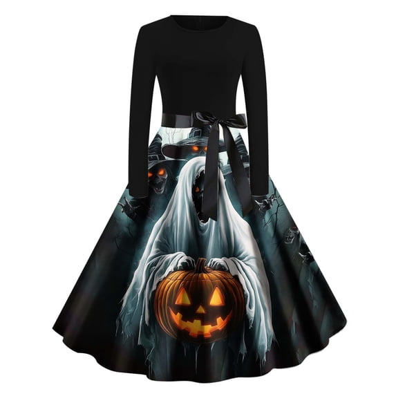 LEKWK Halloween Dresses for Women Printed Long Sleeve A-Line Midi Gown Crewneck Graphic Gothic Dresses with Belt Witch Renaissance Costume